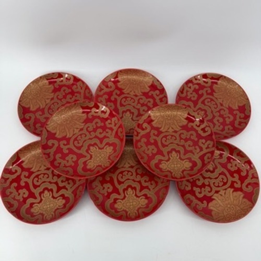 Pottery Barn Chinoise Red Gold Floral Appetizer Plates Set of 8 Stoneware 7in